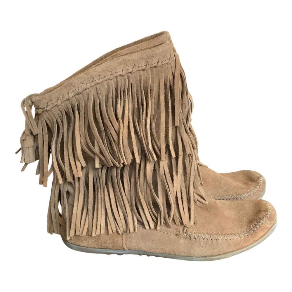 Minnetonka Calf Double Fringe Moccasin Boots Size 8.5 Brown Suede Leather 1543S
